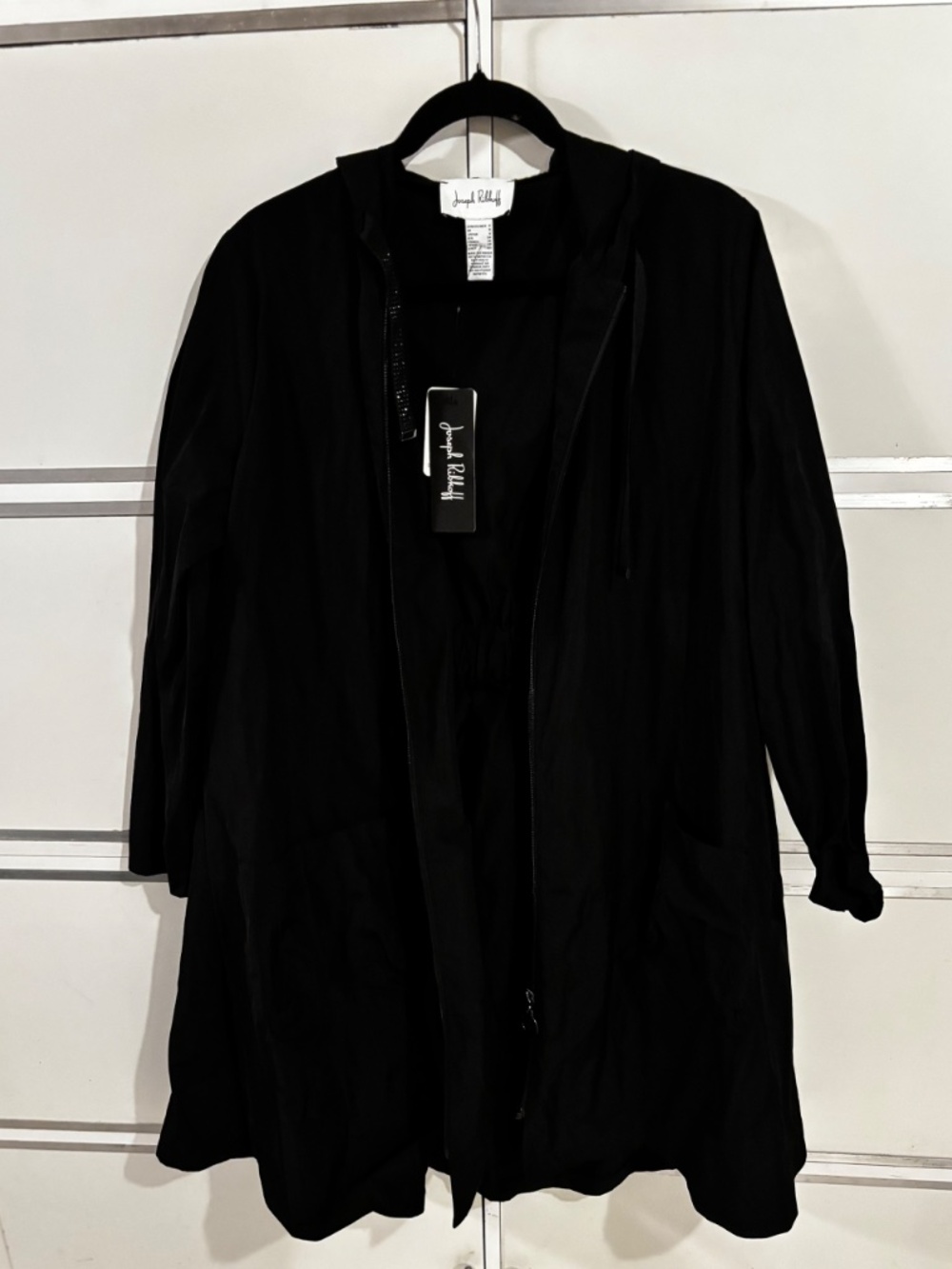 Joseph Ribkoff Long Flared Shape Coat Full Zip Drawstring Hood Sz 6 Black - Picture 4 of 13